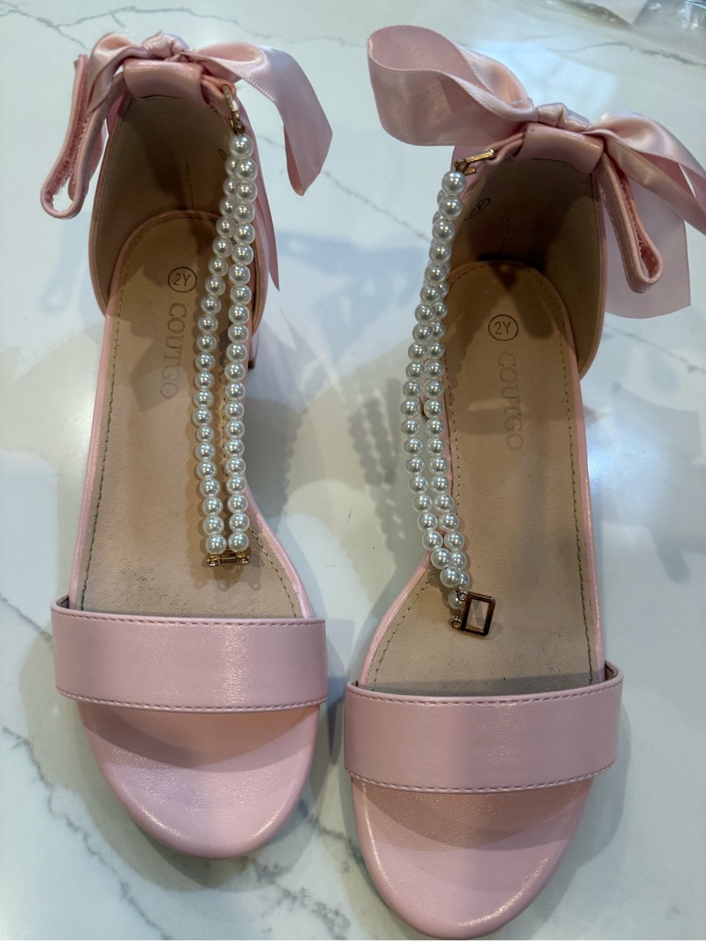 Girls' Pink Pearl T-Strap Dress Sandals